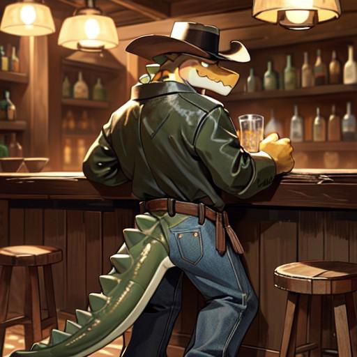 safe_pos, by darkgem, solo, gummigootadc, male, standing, three-quarter portrait, chaps, jeans, cowboy outfit, empty eyes, barely visible nipples, open shirt, yellow body, tipping hat, one leg up, stool, saloon, bar, wild west, detailed background, detailed lighting, best quality, good quality,  <lora:epi_noiseoffset2:.5> <lora:fluffyrock-quality-tags-v4.rc11.5:1>  <lora:gummigootadc:1>