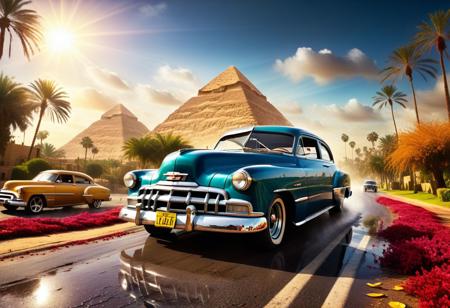 cinematic photo of 1950 Chevrolet Coupe Sedan 2 door, magnificent three pyramids of Giza appear clearly, charm, highly detailed car, Professional lighting, full of life, Lively and energetic, 8K, rays of sun flow beyond heavy clouds, HDR, Fast & Furious movie, motion blur, moving tires, Cinematic Shot, Cinematic Lighting, amazing world, pure perfection, Need For Speed, wide angle exterior background, wet asphalt road, autumn leaves, grass, flowers, jasmine flowers, palm trees, nebula horizon.