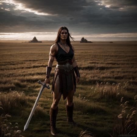 Hyperrealistic art of  <lora:Conan the Barbarian SD1.5:1.2>
Conan the Barbarian a woman with a sword standing in a field, Extremely high-resolution details, photographic, realism pushed to extreme, fine texture, incredibly lifelike