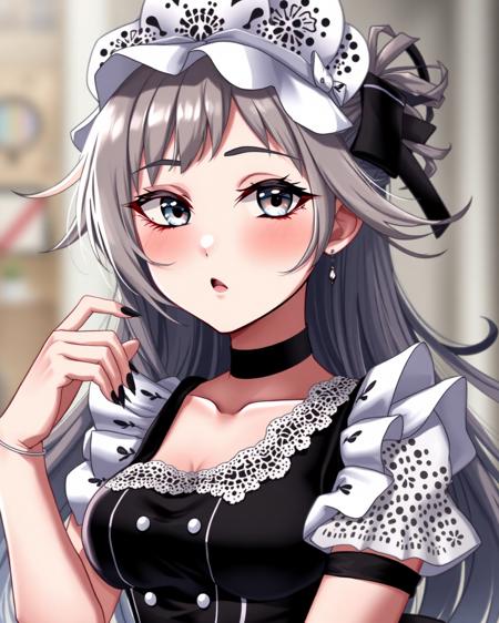 Highly detailed, anime-style girl, beautiful face, smooth porcelain skin, vivid lipstick, perfect makeup, alluring expression, sexy pose, wearing a classic maid outfit with intricate lace details, black and white contrast, elegant and stylish design, soft lighting, background blurred to enhance focus on the character, highly detailed fabric textures, dynamic and flowing hair, vibrant colors