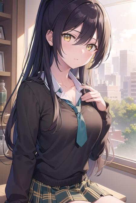 sakuyashirase, <lyco:sakuyashirase-lyco-nochekaiser:1>,
sakuya shirase, black hair, hair between eyes, long hair, ponytail, (yellow eyes:1.5),
BREAK collarbone, green necktie, green skirt, necktie, open collar, plaid, plaid skirt, pleated skirt, school uniform, shirt, skirt, white shirt,
BREAK looking at viewer, full body,
BREAK indoors, classroom,
BREAK <lyco:GoodHands-beta2:1>, (masterpiece:1.2), best quality, high resolution, unity 8k wallpaper, (illustration:0.8), (beautiful detailed eyes:1.6), extremely detailed face, perfect lighting, extremely detailed CG, (perfect hands, perfect anatomy),