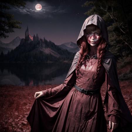 (masterpiece:1.2), best quality, <lora:Morgana:0.6>,main dress, butterfly cloak clasp, ((hand scars)),  close,  hood up, burned face, beautiful blood moon light, castle, (background with dark forest:1.2), lake, mountains, (((night))), <lora:Adddetail:0.5>, add_details, medium breasts, best quality, ultra detailed, absurdres,8K, (best illustration), (best shadow)