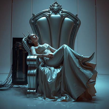 A slender, arrogant  rich norvegian bride, reclined in a polished steel throne, dressed in a luxurious, rich fantasy satin wedding gown with a fitted, boned corset accentuating her ultra-thin waist.and a full, flared skirt, paired with satin high heels, orgasm face. The massive electrodes holding her head pressed to the throne headrest,  cabled to a  futuristic superconputer rack. Her hands and ankles are bound to the  throne  by massive steel restraints,   weird fog from the floor. The scene is set in a sterile, empty chamber, with a glossy mother-of-pearl finish, evoking a sense of futuristic dread. Inspired by the cinematic styles of Ridley Scott, Guillermo del Toro, and H.R. Giger, with a blend of sci-fi and horror elements, this full-body portrait is a masterpiece of cinematic storytelling, shot on a virtual v-raptor XL camera, with a warm, film-grained aesthetic, subtle vignette, and rich color grading, reminiscent of 35mm film, with dramatic, atmospheric lighting, inviting the viewer to immerse themselves in this epic, stunning scene.