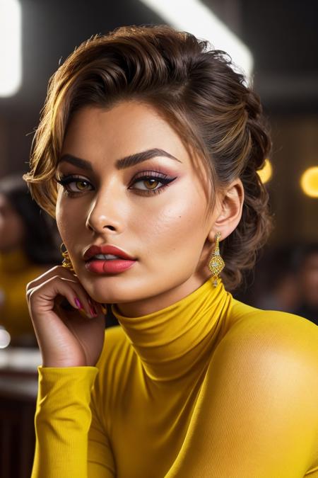 photo of extremely sexy (s0ph1al0ren-140:0.99), a woman as a sexy student, closeup portrait upsweep updo, (yellow tight long sleeve turtleneck top), at a cantina sitting bar (masterpiece:1.5) (photorealistic:1.1) (bokeh) (best quality) (detailed skin texture pores hairs:1.1) (intricate) (8k) (HDR) (wallpaper) (cinematic lighting) (sharp focus), (eyeliner), (painted lips:1.2), (earrings)