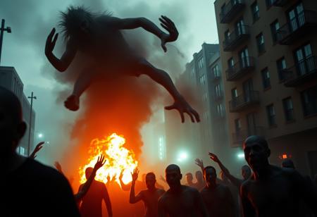 photo , Film Still, Cinematic ,Blanco Brown - 7 days to die, Zombies hoard attack suriviors, urban decay, glowing eyes, in every shadow death does embark