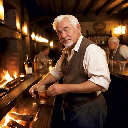 <lora:RPGBarkeep:0.7> barkeep, 1boy, old, old man, short hair, white hair, drinking glass, bar (place), looking at viewer, meat, fire, bowl, blurry background, depth of field, realistic:1.3