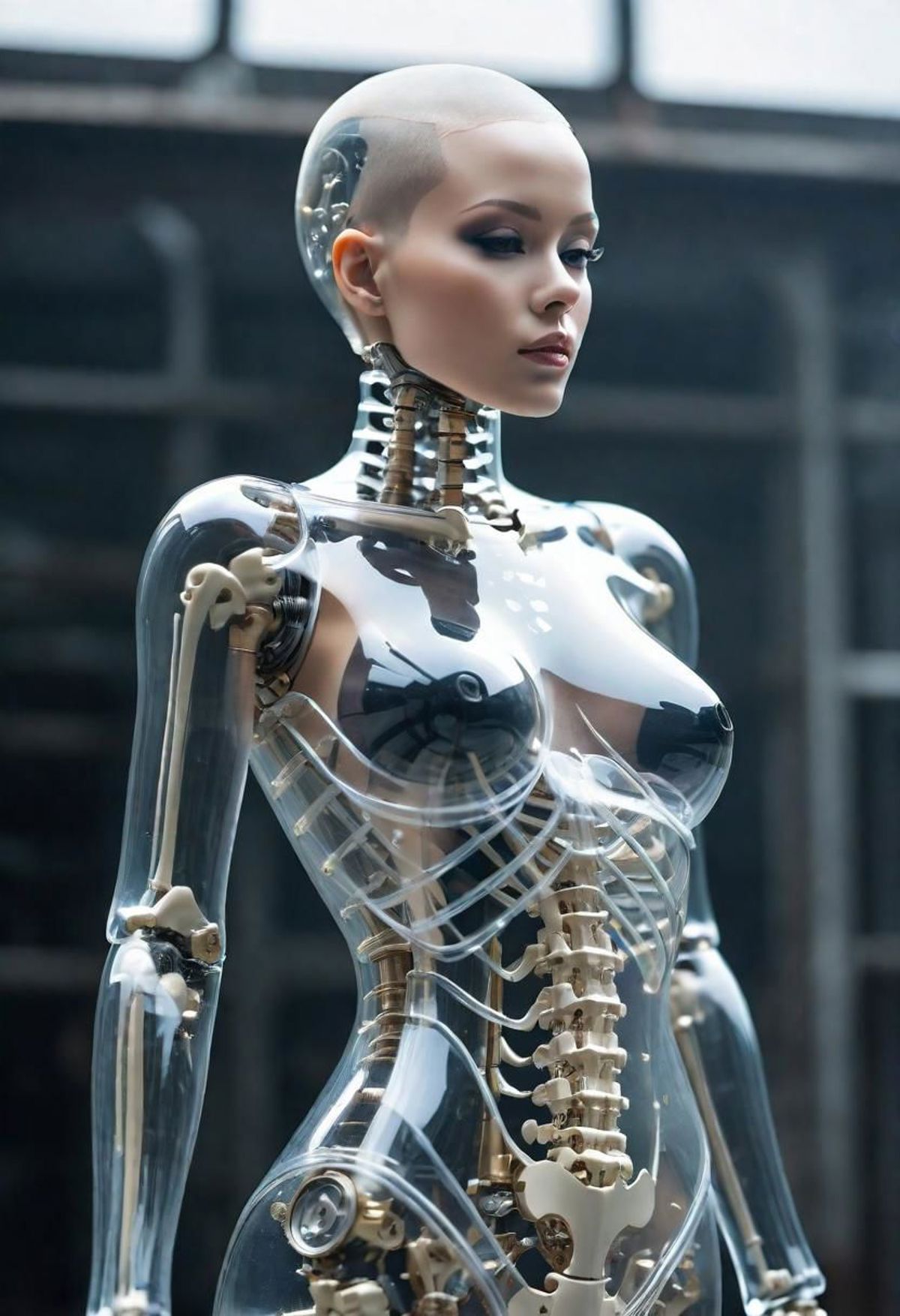 A robotic woman with a busty silicone body and skeletal remains.