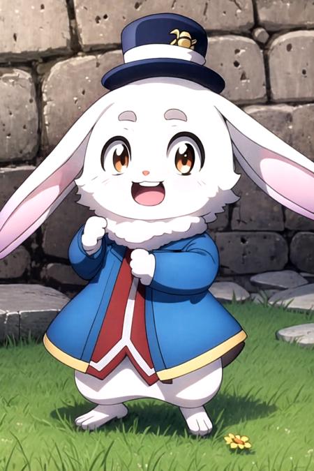 (masterpiece), (best quality), (detailed background, best lighting), ultra-detailed, highly detailed, (((blush))), solo, (happy), (smile),
<BRAKE>
on stone, on grass, (colorful flowers), shadow, sunlight, warm, side lighting,
<BRAKE>
(emull), furry, rabbit, rabbit ears, open mouth, teeth, looking at viewer, blue jacket, hat, standing,  <lora:Emul_00_02:1>