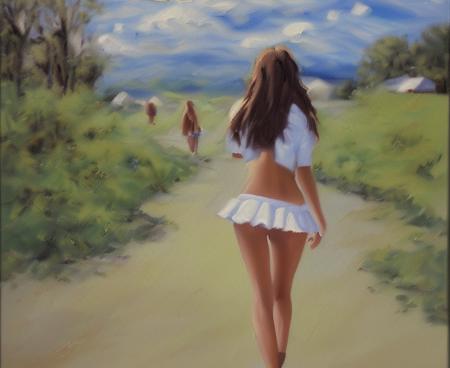 high quality, masterpiece, an oil painting of a jan5test1 young woman walking in a village, blue sky, by artists