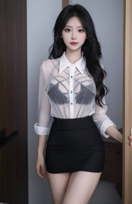 性感白色透明衬衫内衣套装+美女丨Sexy white transparent shirt lingerie set + beauty