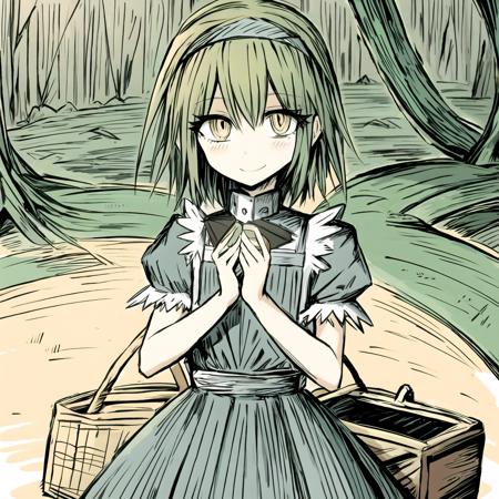 official art, official artstyle, game cg, bille, 1girl, solo, standing, smile, holding a picnic box, green hair, ringed eyes, yellow eyes, snake eyes, nice hands <lora:envybetterhandsLocon_beta2:1.0> <lora:bille:0.8>