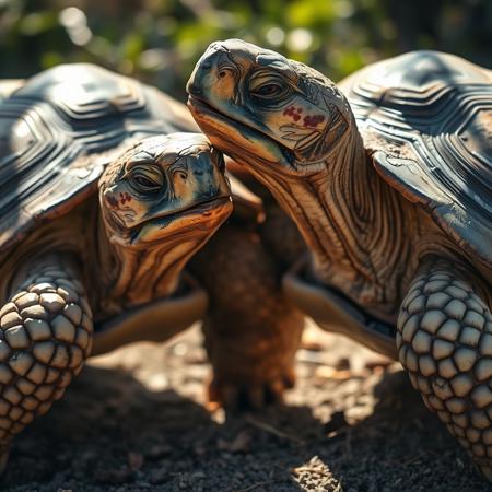 ultrarealistic nature photography, 2 old tortoises, mated pair, dappled sunlight, love, Galapagos islands