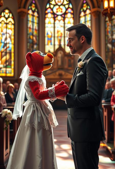 "Hyper-realistic depiction of a man standing at the altar, gazing lovingly at his bride - a intricately detailed sock puppet. The puppet, with its brightly colored fabric and expressive stitched face, seems to radiate a warm and endearing personality. The man's eyes shine with adoration as he holds the puppet's 'hand' and exchanges vows. The ceremony takes place in a beautifully decorated church, with sunlight streaming through the stained glass windows and casting a kaleidoscope of colors on the floor. The atmosphere is filled with warmth and joy, as if the very absurdity of the situation has brought the couple and their guests closer together. The man's attire is formal and elegant, while the sock puppet's 'wedding dress' is a delicate, lace-trimmed confection. Style: extremely detailed, hyper-realistic, and cinematic, with a focus on capturing the textures, lighting, and emotional depth of the scene."