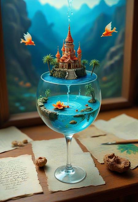 tilt-shift photo of best quality double exposure complex surreal painting on cracked paper, macro, microworld,  hyperdetailed,   insanely detailed, surreal, tiny genie spirit creature, flying oasis landscape placed inside a glass of wine on the table in room. waterfall, lotus flowers,temple palms desert filigree, table cinematic, big eyes 32k, by Rockwell, WLOP Ryniac, Craola, Disney, van Gogh, highly detailed, intricated, intricated pose, high quality, centered, perfect composition.,
<lora:Midjourney_-_SemiReal_Dreams_FLUX_LoRA:1>,<lora:hyper-detail-illustration:1>, Selective focus, miniature effect, blurred background, highly detailed, vibrant, perspective control