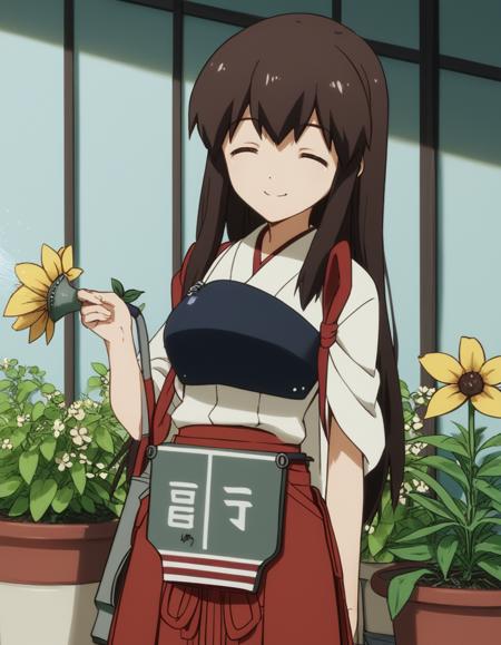 akagi, long hair, brown hair, brown eyes, akagi (kancolle), medium breasts, skirt, thighhighs, japanese clothes, white thighhighs, zettai ryouiki, hakama, hakama skirt, muneate, tasuki,