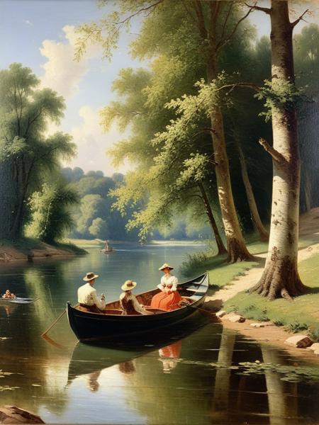 <lora:07RomanticismArt_Hap_XL:3.1>, romanticism oil painting,   boating, river, people, leisure, trees, water, romanticism oil painting, summer, outdoor, social, vibrant colors, nature, relaxed, French, classic art, scenic, sunlight, reflection, 19th century, gathering,
