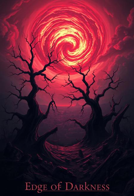 Surreal, fantasy-style digital painting depicting a desolate landscape under a dramatic sky. The layout features a central focus on twisted, barren trees with gnarled branches reaching towards a luminous, swirling cloud formation that dominates the upper portion of the image. The color palette is dominated by dark reds, purples, and blues, creating a moody and otherworldly atmosphere. The foreground is littered with crumbling ruins and jagged rocks, leading the eye towards a distant, shadowy cityscape on the horizon. The overall composition conveys a sense of eerie beauty and desolation, with intricate details in the textures of the trees and the ominous sky. Across the bottom is the text "Edge of Darkness"