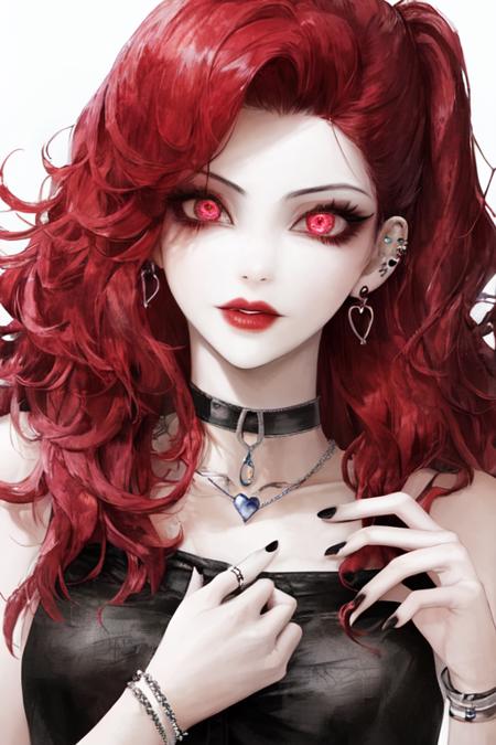 pilyeon, solo, 1girl, black nails, jewelry, Long hair, looking at viewer, choker, necklace,piercing, white background, heart, closed mouth, nail polish, simple background, red hair, ear piercing, black choker, pout, eyelashes, lips, hand on own cheek, bangs, bracelet, beads, gem, earrings, fingernails, vampire, blood