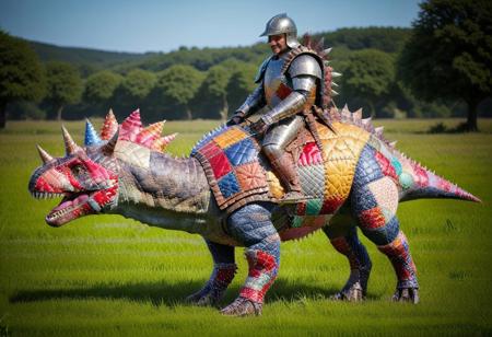 Masterwork, masterpiece, best quality, good quality, very aesthetic, absurdres, newest, ptchkrawk, a stegosaurus wearing patchwork armor and a saddle, being ridden by a knight in shining plate armor, tail spikes  in a farmer's field