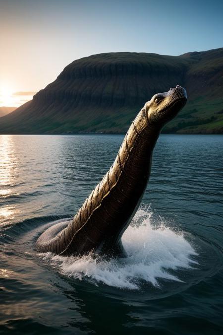 A captivating photo of the legendary Loch Ness Monster, Nessie, surfacing from the murky depths of Loch Ness in Scotland. The creature has a long, serpentine body, and a humongous head with a nostril-like opening. The image is taken from a boat, with the sun setting in the background, casting a golden glow on the water. The atmosphere is a mix of mystery, wonder, and adventure., photo