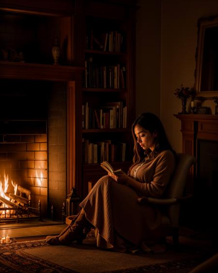 professional photograph
A woman sitting by a fireplace, surrounded by books and candles, lost in thought as she reads a novel.
<lora:add_detail(realistic):1>
((video grainyfilm)), natural cinematic lighting, ((professional photo highly defined))
realistic, best quality, photo-realistic
8k, best quality, masterpiece, realistic, photo-realistic