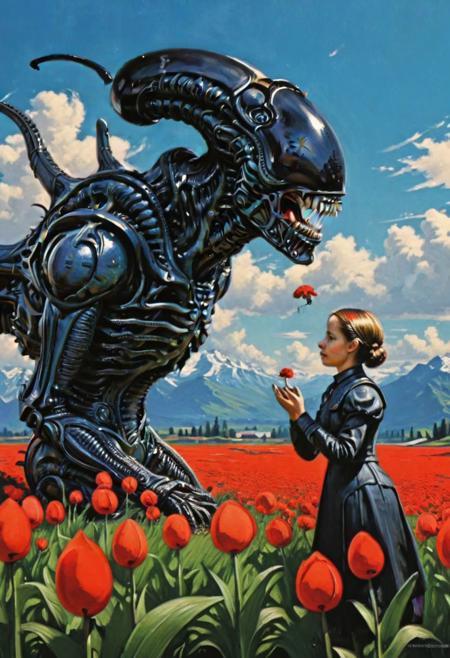 famous art by (arkhip kuindzhi:1.1), detailed expressive eyes, fantasy style, a cute xenomorph holding a lovely baby toddler on the flower field, concept art, award winning, detailed, high resolution, soft lines, intricate details, ((masterpiece, best quality)), looking at viewer, dynamic pose, wide angle view, <lora:add-detail-xl:1>, <lora:xl_more_art-full_v1:1>