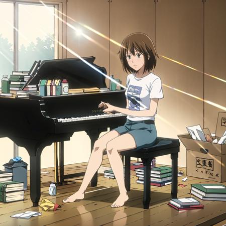 masterpiece,highres,high quality,extremely detailed,solo,
<lora:MegumiNoda001:0.7>,
MegumiNoda,1girl,
grand piano,playing the piano,sheet music,keyboard (instrument),music,playing instrument,sitting,chair,box,t-shirt,short sleeves,shorts,indoors,messy room,window,sunbeam,lens flare,light,cardboard box,book,bottle,bag,trash can,cat,tissue box,book stack,desk,can,tissue,scenery,barefoot,underwear,shelf,cup,paper,curtains,drawer,bookshelf,food,