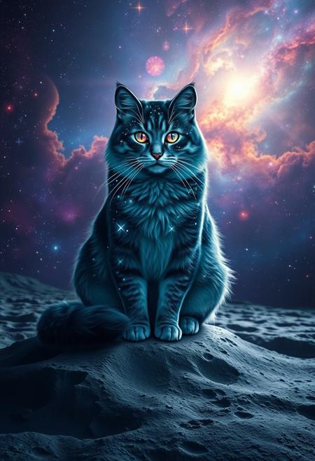 Create an image of a majestic, cosmic cat sitting on the lunar surface. The cat’s fur should shimmer with deep blues and purples, resembling the night sky, with stars subtly twinkling throughout its coat. Its eyes are vast galaxies, swirling with bright nebulae, stars, and cosmic dust. The lunar surface beneath the cat is detailed with craters and rocky textures, reflecting the light of a distant star. In the background, the cosmos is vibrant and alive, with colorful nebulae, distant galaxies, and clusters of stars filling the sky, creating a sense of infinite depth and wonder. The overall scene should feel otherworldly, mystical, and awe-inspiring.