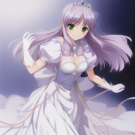 <lora:Feena-000006:1>, Masterpiece, Best Quality, Feena, light purple Hair, dress, white gloves, long hair, green eyes, puffy short sleeves, tiara, smiling, walking on the street, solo, starry background