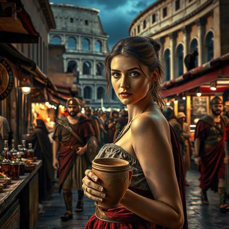 Setting is a 1st century Roman Empire market in Rome at night, the market is comprised of street vendors selling, food, weapons, and clothing. Everyone and everything in the image is appropriate for a scene from Ancient Rome, People wearing Roman clothing are walking through the street market shopping and eating, in the foreground is a merchant selling beverages and food at a market kiosk, (((a beautiful woman, 24 years old is standing in the foreground, the woman  facing the viewer with a clay goblet of wine in her hand. Her eyes are beautiful and focused on the viewer, she has an expression of interested curiosity))), Roman Soldiers are walking behind the beautiful woman, one of the solders turns to look at the beautiful woman, many people are walking by in the busy street market, the woman is dressed in high fashion Roman Empire clothing with an alluringly sexual, but traditional roman aesthetic. The woman's hair is elegantly tied up with a ribbon. Artistic ancient Roman aesthetic, dynamic perspective, (((overall architectural aesthetic is Ancient Rome in 1st Century Roman Empire era))).  Epic image that elicits a feeling of wonder and awe, Rome Coliseum Roman Forum architecture in background, a sleek black cat is visible sitting on a kiosk roof in the background,