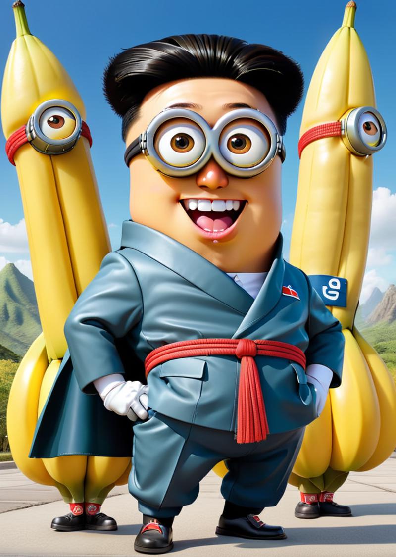 An animated character, possibly a minion, stands in front of two balloon bananas.