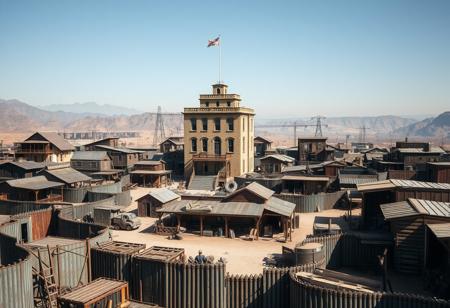 Junktown-inspired town, scrap metal walls encircling the settlement, ramshackle buildings constructed from corrugated iron and salvaged materials, few wooden buildings in a Wild West style scattered throughout, prominent two-story concrete town hall dominating the skyline, dystopian setting, post-apocalyptic, midday sun casting harsh shadows, gritty details, atmospheric perspective