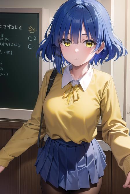 ryouyamada, <lora:ryouyamada-lora-nochekaiser:1>, 
ryou yamada, blue hair, eyes visible through hair, mole, mole under eye, short hair, (yellow eyes:1.5), hairclips,
BREAK black pantyhose, black ribbon, blue skirt, brown footwear, loafers, long sleeves, pantyhose, ribbon, school uniform, shimokitazawa high school uniform, shirt, shoes, skirt, white shirt,,
BREAK indoors, classroom,
BREAK looking at viewer, (cowboy shot:1.5),
BREAK <lyco:GoodHands-beta2:1>, (masterpiece:1.2), best quality, high resolution, unity 8k wallpaper, (illustration:0.8), (beautiful detailed eyes:1.6), extremely detailed face, perfect lighting, extremely detailed CG, (perfect hands, perfect anatomy),