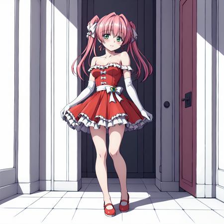 SUIdol,1girl,pink hair,twintails,hair ribbon,green eyes,multicolored eyes, medium breasts, red dress,off -shoulder,sleeveless,frill, sash, skirt, elbow gloves,