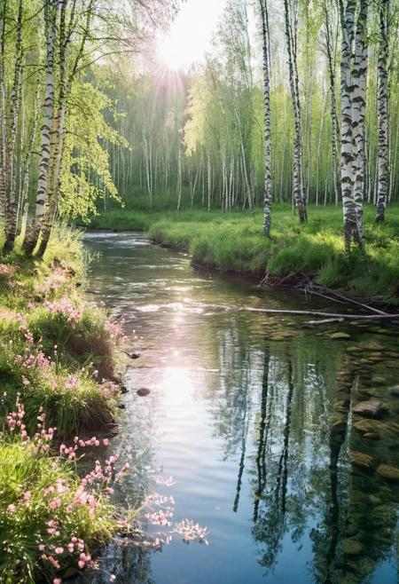 Amazing scenic view of birch forest with blooming pink flowers next to crytal clear water in river on background green trees in the morning rays of the sun, cinematic look, film, (shot on Nikon D850:1.2), <lora:add-detail-xl:1>, <lora:SDXLHighDetail:0.5>