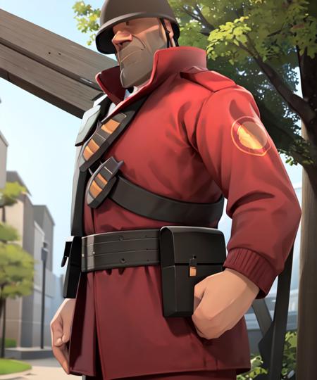 masterpiece, solo, tf2soldier, (redteam), red jacket, 1boy,  portrait, detailed background, forest, front view, looking at viewer , <lora:tf2soldierlorav2:1>