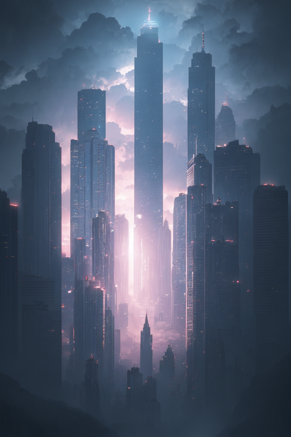 A Cityscape of Tall Buildings and Clouds at Sunset.