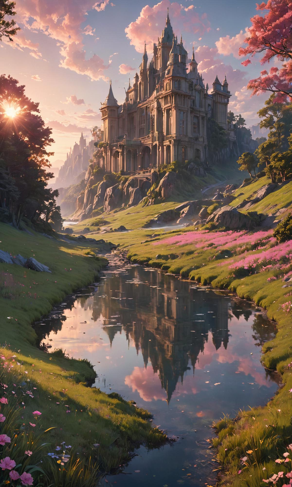 A Fantasy Painting of a Castle near a River with Pink Flowers