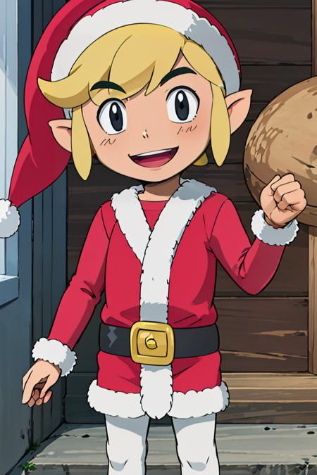 <lora:Alola_Style:0.65>,((masterpiece,best quality)),  <lora:Toon_Link_Zelda_v2:0.8>, Santa_Link, black eyes, solo, 1boy, santa outfit, belt,  solo, smiling, standing, looking at viewer,