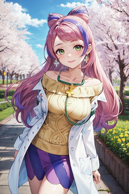 masterpiece,best quality,highres,ultra-detailed,aamiriam,multicolored hair,long hair,hair bun,bangs,earrings,large breasts,stethoscope,labcoat,white coat,open clothes,yellow sweater,off shoulder,long sleeves,sleeves past wrists,skirt,purple skirt,bandaid,bandaid on leg,sandals,<lora:miriam_(pokemon):0.8>,outdoors,cherry blossoms,standing,cowboy shot,smile,arms_at_sides,