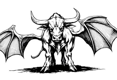 fantasy, ink art, comic style art, bull is standing with four feet, feet has claws, bat wings