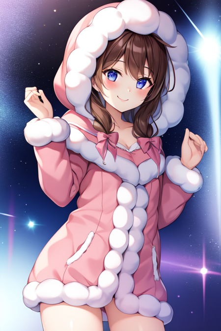 icnana, 1girl, solo, fur trim, smile, hood, blush