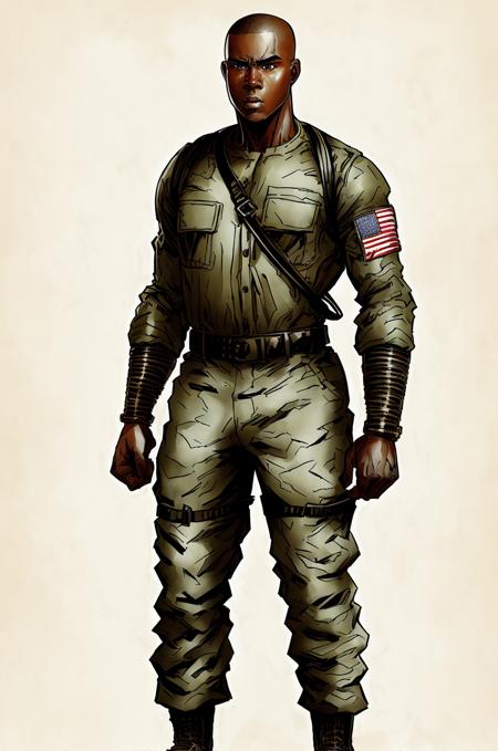 tw2k4estyle, full body shot portrait of an african-american soldier, buzz cut, clean shaven, drawing, high quality, highly detailed<lora:twilight2000-4e-beta1-64:0.9>