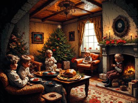 in the deepest darkest  space inside the capsule is a typical Victorian Christmas scene set in a Christmas Living Room, the tbe is ladden with goose and roast potatoes. Children are pulling crackers