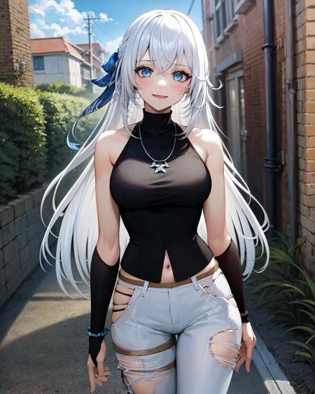 best quality, (masterpiece:1.2), illustration, absurdres,
(1girl), (solo), (beautiful detailed girl), cowboy shot,,
<lora:ShizunaKuro2:1>, Shizuna Rem Misurugi, white hair, long hair, ribbon, blue eyes, medium breasts,
jewelry, necklace, black top, white pants, torn pants, black boots,
looking at viewer, happy,
(brick wall:1.1), (graffiti:1.1), alleyway, alley, sky, clouds, run down buildings,