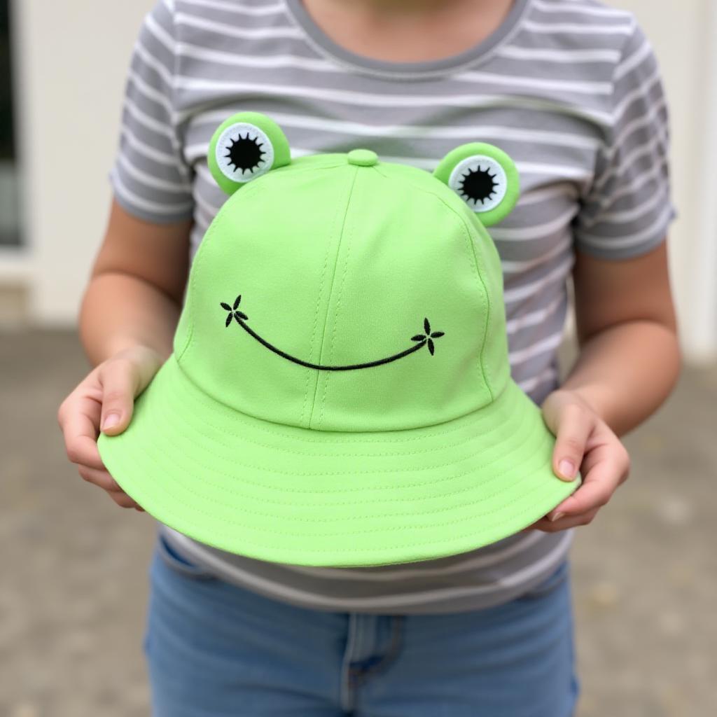 A person holding a froggy hat in their hands in front of their body <lora:Froggy_Hat:1>