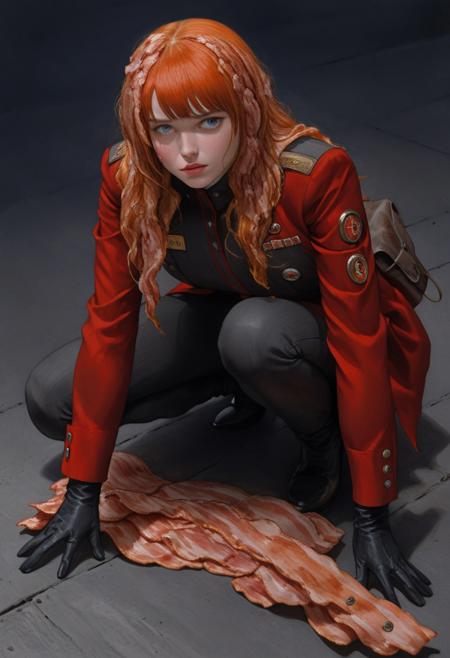 (background made out of bacon:3), IGMODEL, score_9, score_8_up, score_8_up, ((Cinematic composition)),((masterpiece)), (resplendent highlighting), 1girl, (full body). A beautiful girl dressed like a cyberpunk detective is crouched on the edge of a futuristic sci-fi rooftop. (camera shot from above), futuristic suit, deep rich colours, ((full body)) long naturally wavy hair caught up by the wind. (resplendent spotlight on her face). Ominous electric atmosphere. Sunny day with a few clouds. Ink, Charcoal and watercolours. impressionistic. (Klimt :1.2) dadaistic collage (by Bill Sienkiewicz:1.5), moon in the night sky, detective (full body), brilliant spotlight effect. Intense detail, realistic, dynamic shadows and contrasts. Matte and faded background colours.surreal, intense colors, liquid, unreal parts, alluring, fluid, perfection, gothic. (Luminous skin dynamically highlighted), Illustration, maximum detail, Gold leaf highlights, military uniform, red jacket, long sleeves, shoulder bag, holster, black gloves, pantyhose, red thigh boots, red headwear, large breasts, blonde hair, long hair, blue eyes, lips, mole under mouth, ad-detail-xl.