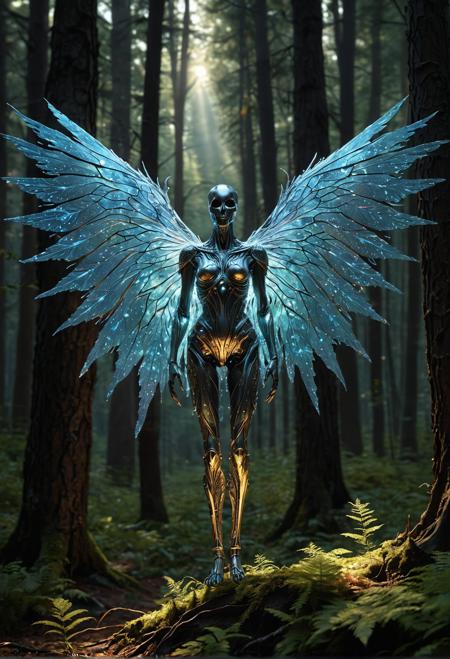 Meet the Glimmerwraith, a mystical creature that dwells in moonlit forests.  Its ethereal body shimmers with iridescent hues: silver, gold, copper, emerald, and sapphire, illuminated by soft, warm lighting.  Camera angle: overhead, looking down at the creature as it floats above the forest floor.  Drawing style: Whimsical, Expressive, Realistic (mixed) in 3 words, separated by commas.  [ULTRA HD] Glimmerwraith: a majestic, luminescent being, its delicate wings beating slowly as it drifts above the forest canopy.