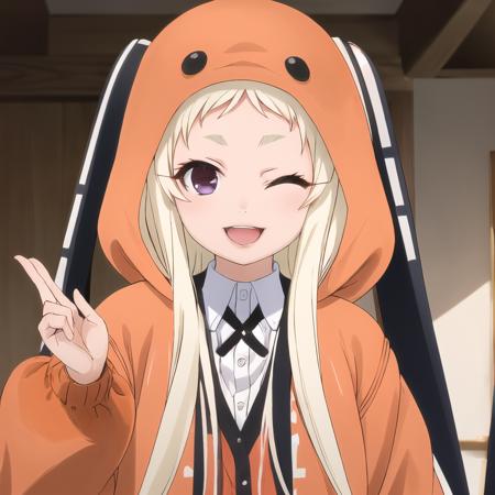 masterpiece, best quality, ultra-detailed,  yomozuki runa, blonde hair, purple eyes, long hair,  kigurumi, black animal ears, red school uniform, wink, smile, 1 eye closed