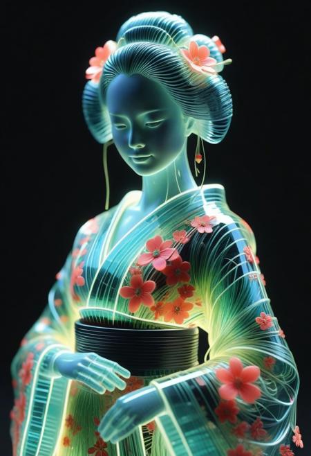 <lora:World_of_Glass_Filament:0.6> made of, tiny neon (glass:1.1) filaments, w0gf1l, Android, geisha, with robotic parts, in flowery kimono, Intricate details, 8 k, cinematic <lora:sss:0.8> subsurface scattering, sss <lora:envyStarlight_v10:0.8>